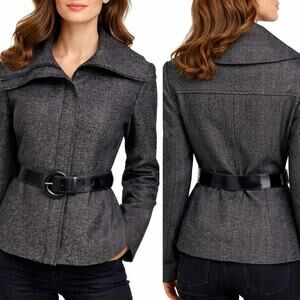 Anne Klein AK Herringbone Jacket Full Zip Women's 8 Wool Black Silver Metallic